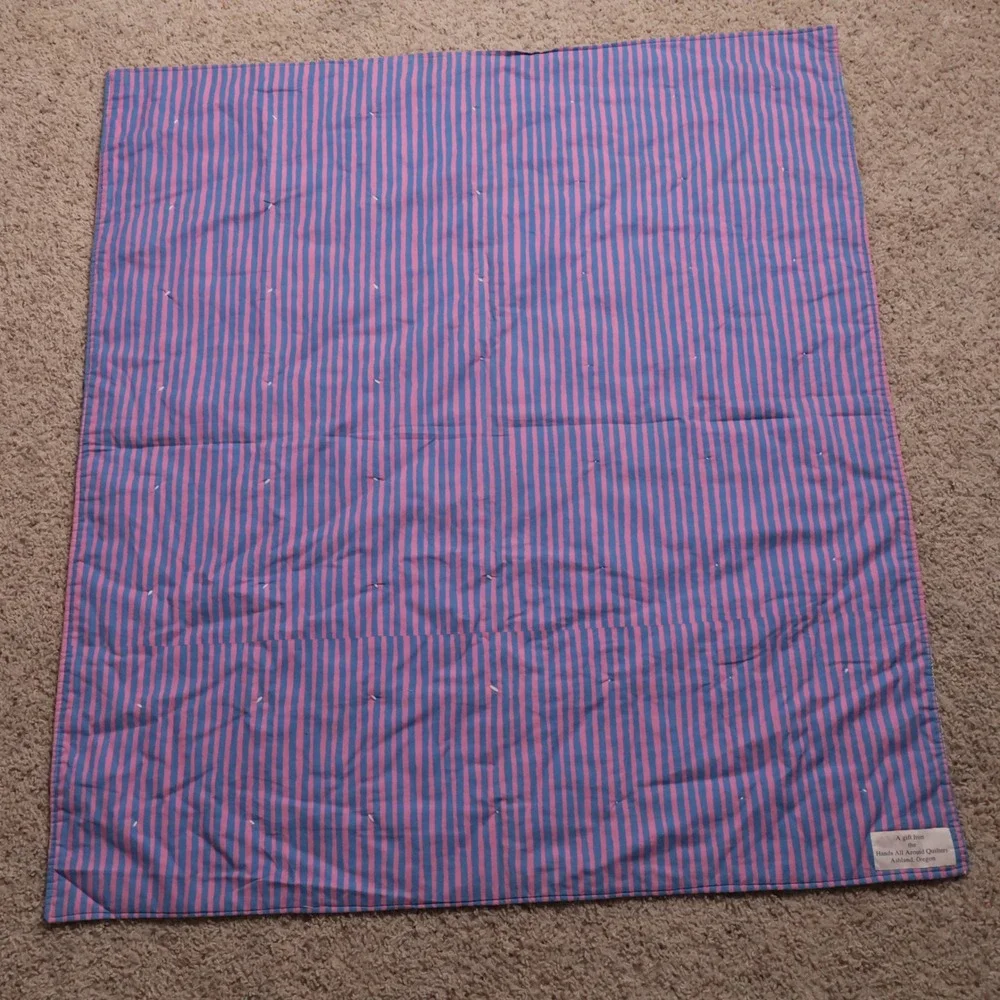 Handmade Patchwork Teddy Bear Baby Quilt Blue Pink Striped 43x38‎ Unfinished